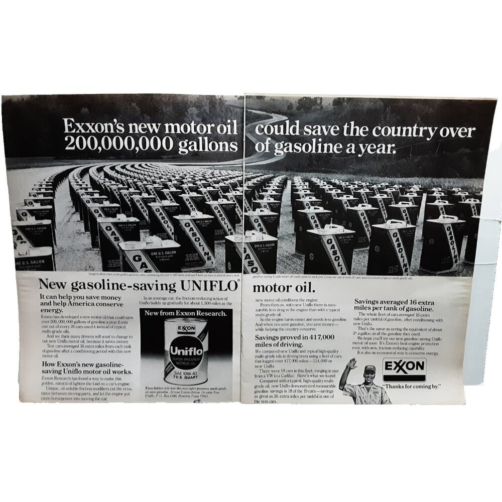 Vintage 1977 Print Ad Exxon Uniflo Motor Oil Gas Cans Original 1970s
